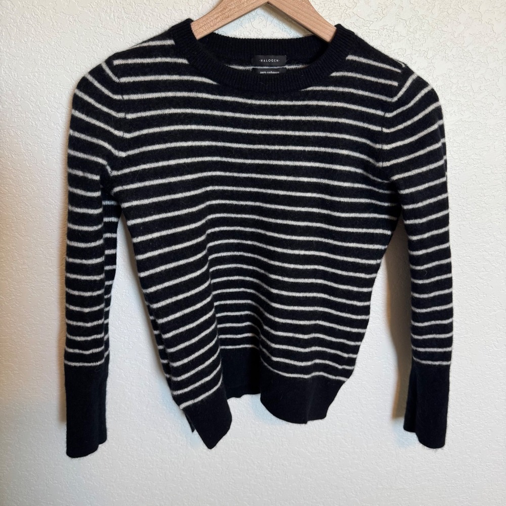 Preppy Minimalist Halogen Cashmere Striped Sweater Size S Black White